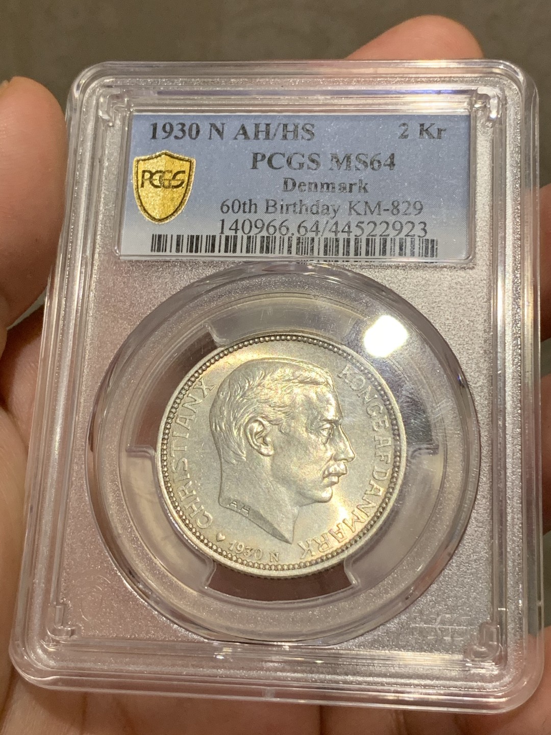 《竞宝斋》第68场-本周日，周一，周四.3场连拍（全场不限金额包邮） NGC-MS64 丹麦 1930年 2克朗 克里斯蒂安十世60大寿纪念银币