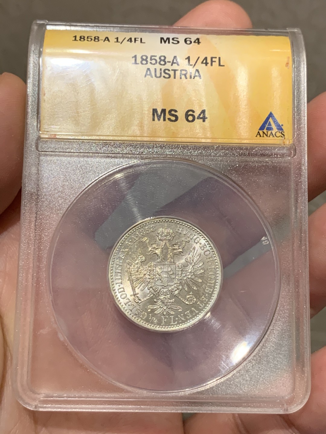《竞宝斋》第68场-本周日，周一，周四.3场连拍（全场不限金额包邮） ANACS MS64 1858年奥地利1/4弗洛林银币 不太常见的面值，彩光，无愧64