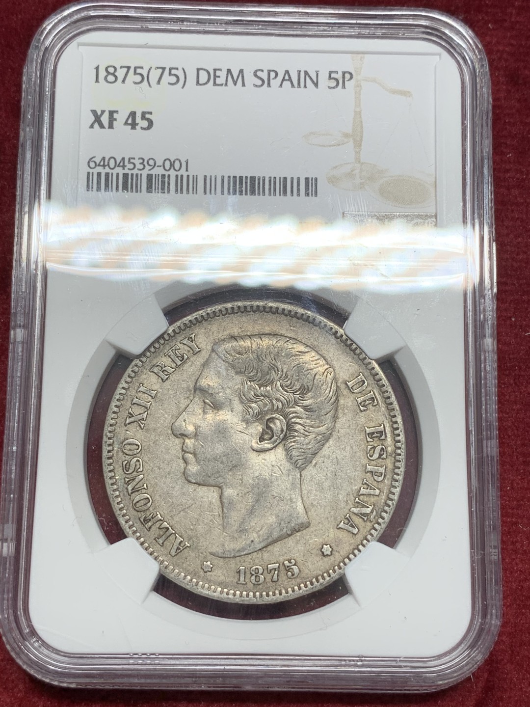 《竞宝斋》第68场-本周日，周一，周四.3场连拍（全场不限金额包邮） NGC-XF45 西班牙 1875年阿方索十二世 5比塞塔大银币 原味好品