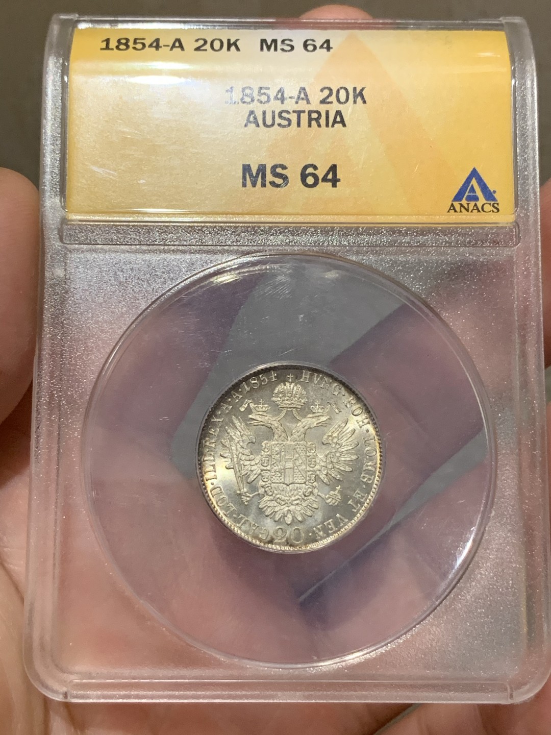 《竞宝斋》第68场-本周日，周一，周四.3场连拍（全场不限金额包邮） ANACS MS64 1854年奥地利20克鲁泽银币 鹰徽面状态极佳