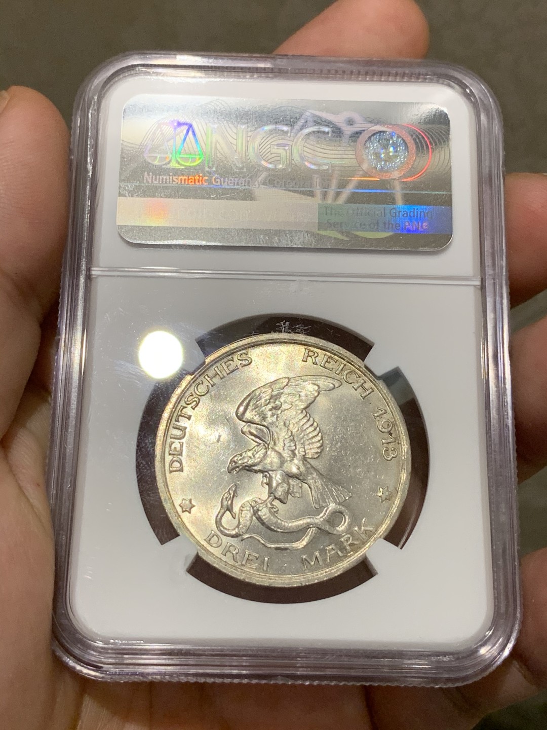 《竞宝斋》第68场-本周日，周一，周四.3场连拍（全场不限金额包邮） NGC-MS62，德国普鲁士战胜拿破仑3马克银币，1913年。