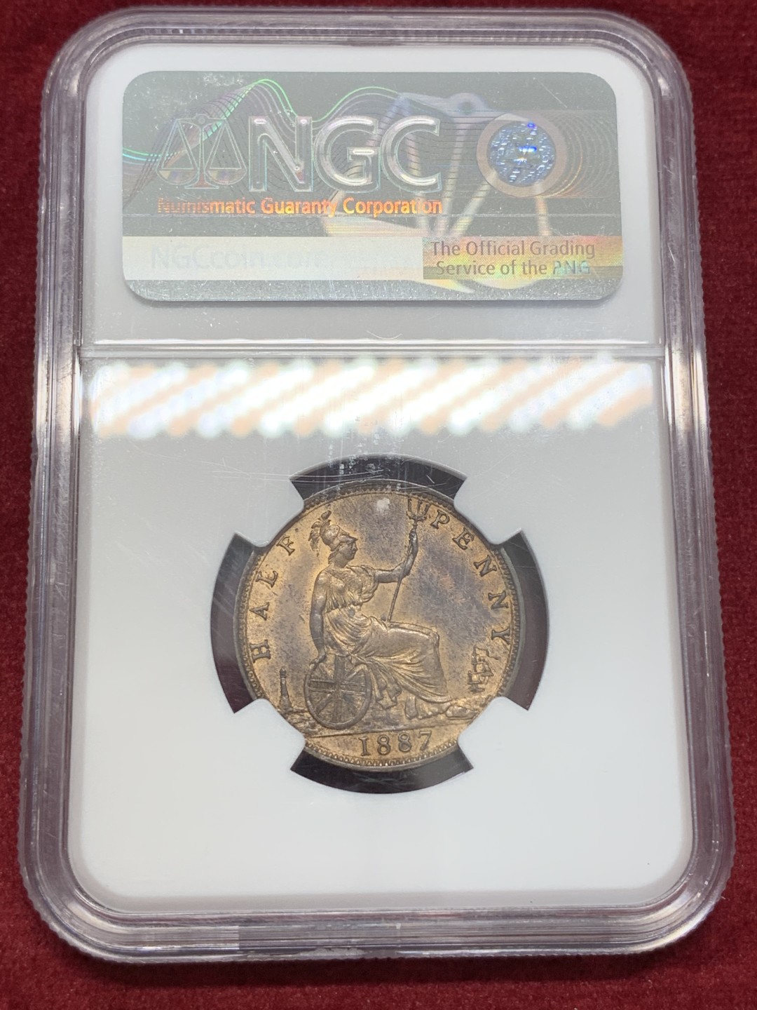 《竞宝斋》第68场-本周日，周一，周四.3场连拍（全场不限金额包邮） NGC-MS63 英国 1887年 1/2便士 小维铜币 状态很好 不错的的分数