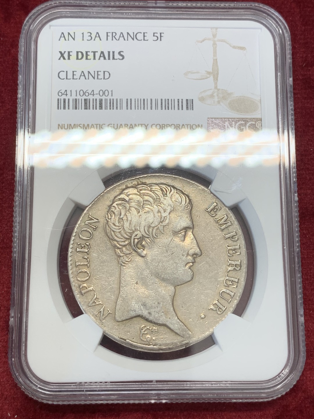 《竞宝斋》第68场-本周日，周一，周四.3场连拍（全场不限金额包邮） NGC XF  法国 AN13年拿破仑一世五法郎大银币 深打好品种