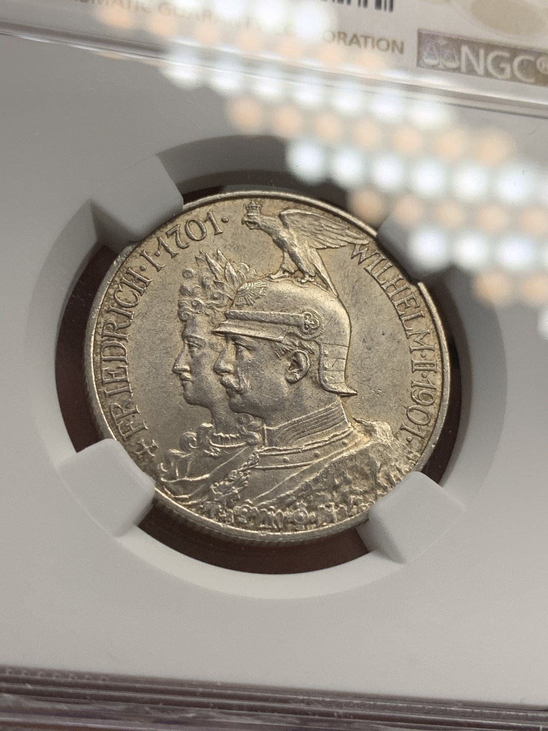 《竞宝斋》第68场-本周日，周一，周四.3场连拍（全场不限金额包邮） NGC-MS62 德国 1901年  普鲁士建国200周年纪念 2马克银币