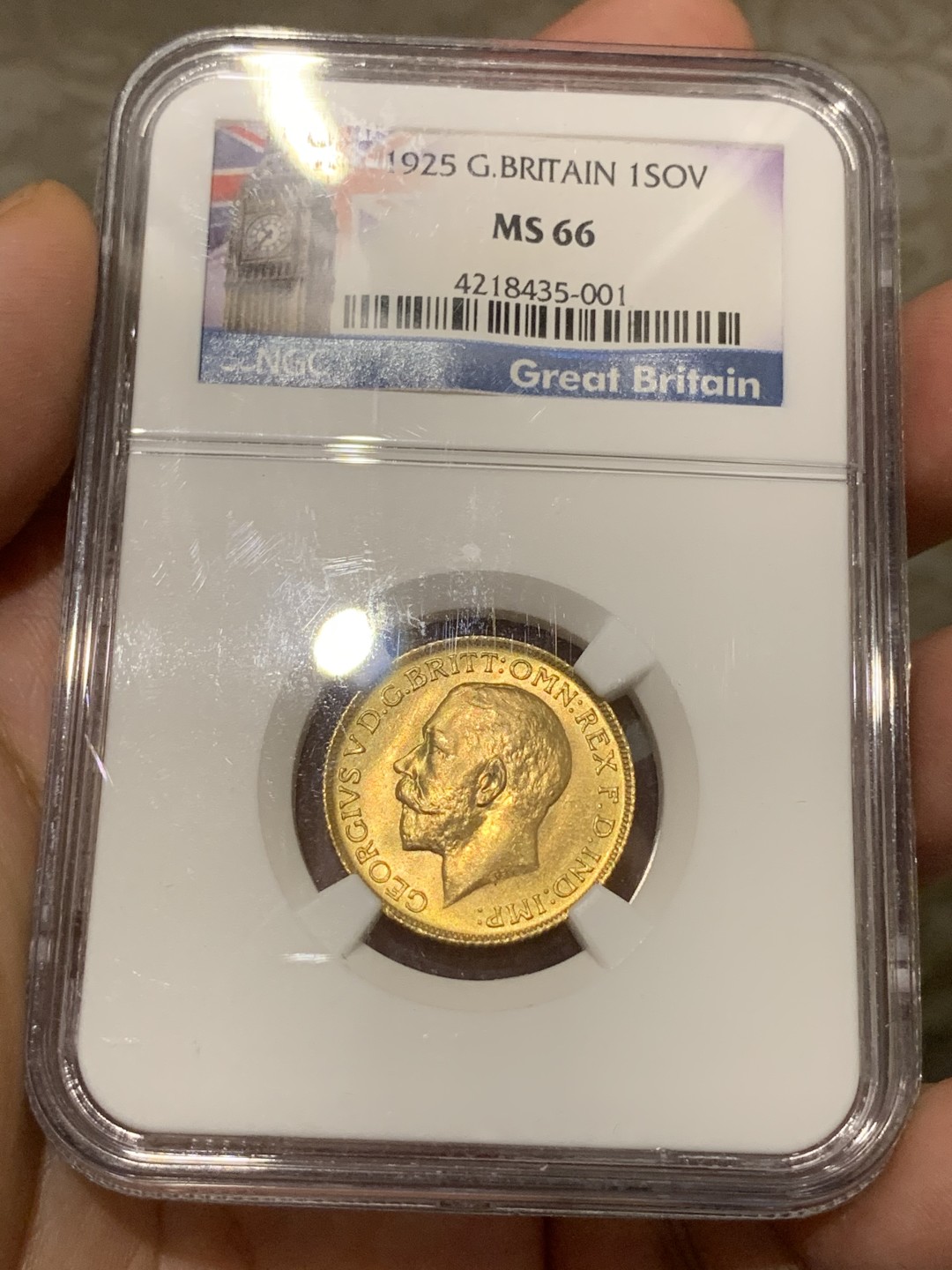 《竞宝斋》第68场-本周日，周一，周四.3场连拍（全场不限金额包邮） NGC MS66 英国1925年乔治五世1索维林 金币 高分少见 特色标签
