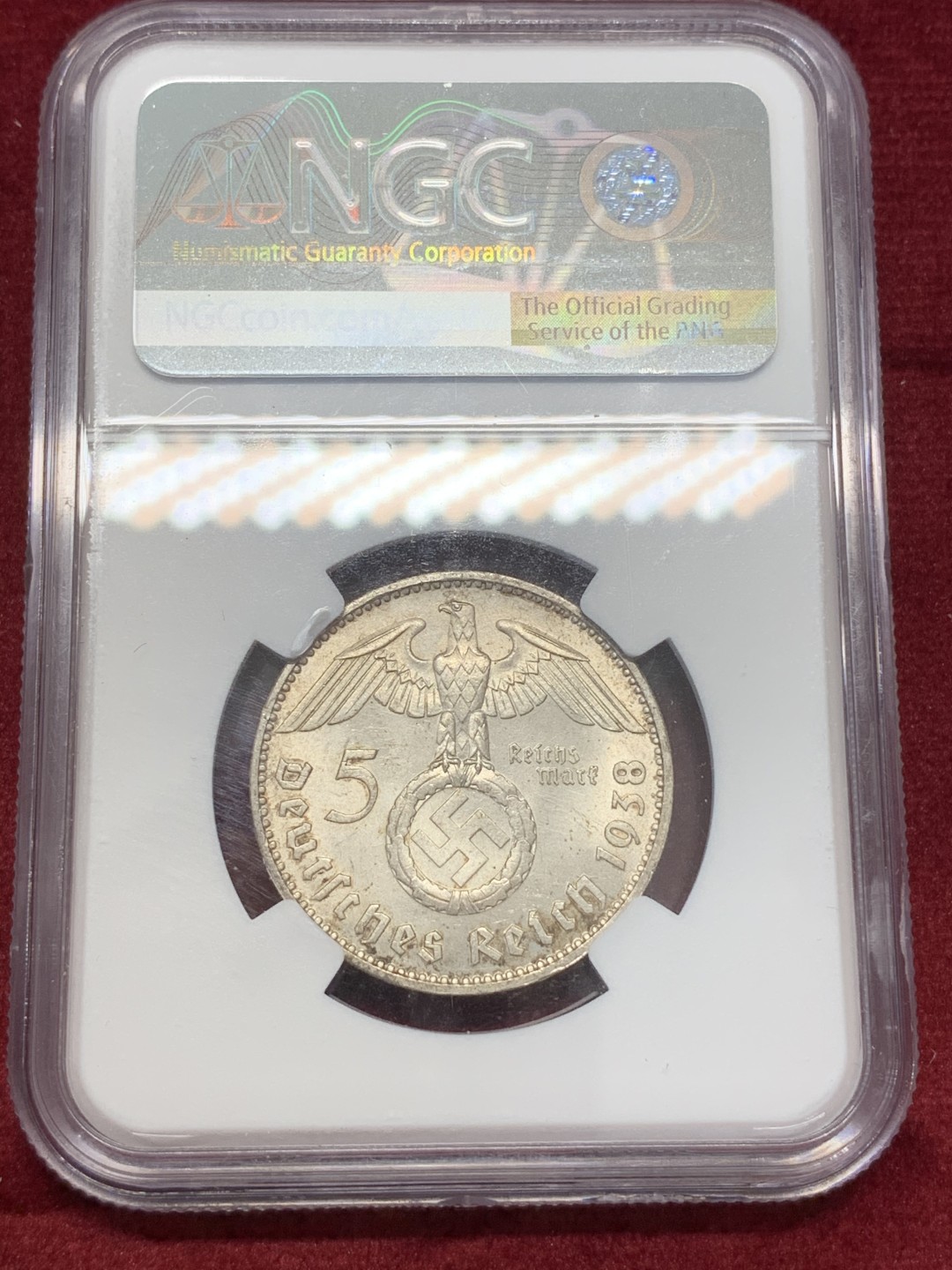 《竞宝斋》第68场-本周日，周一，周四.3场连拍（全场不限金额包邮） NGC-UNC德国1938兴登堡5马克，底板极佳，无磕无碰，光泽尤在