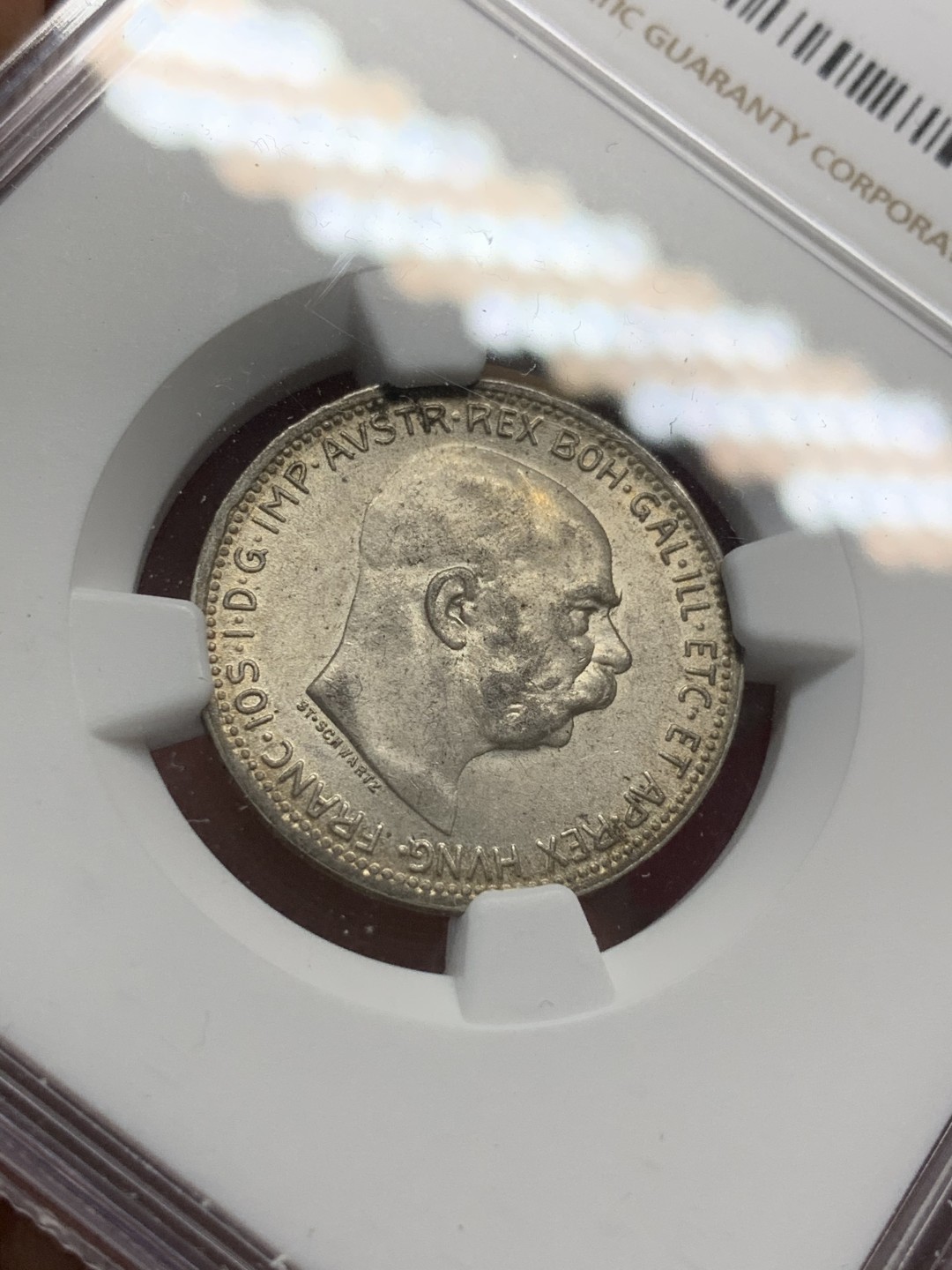 《竞宝斋》第68场-本周日，周一，周四.3场连拍（全场不限金额包邮） NGC-MS63 奥地利1915年 佛兰茨约瑟夫 1克朗银币 粉光带点包浆非常漂亮
