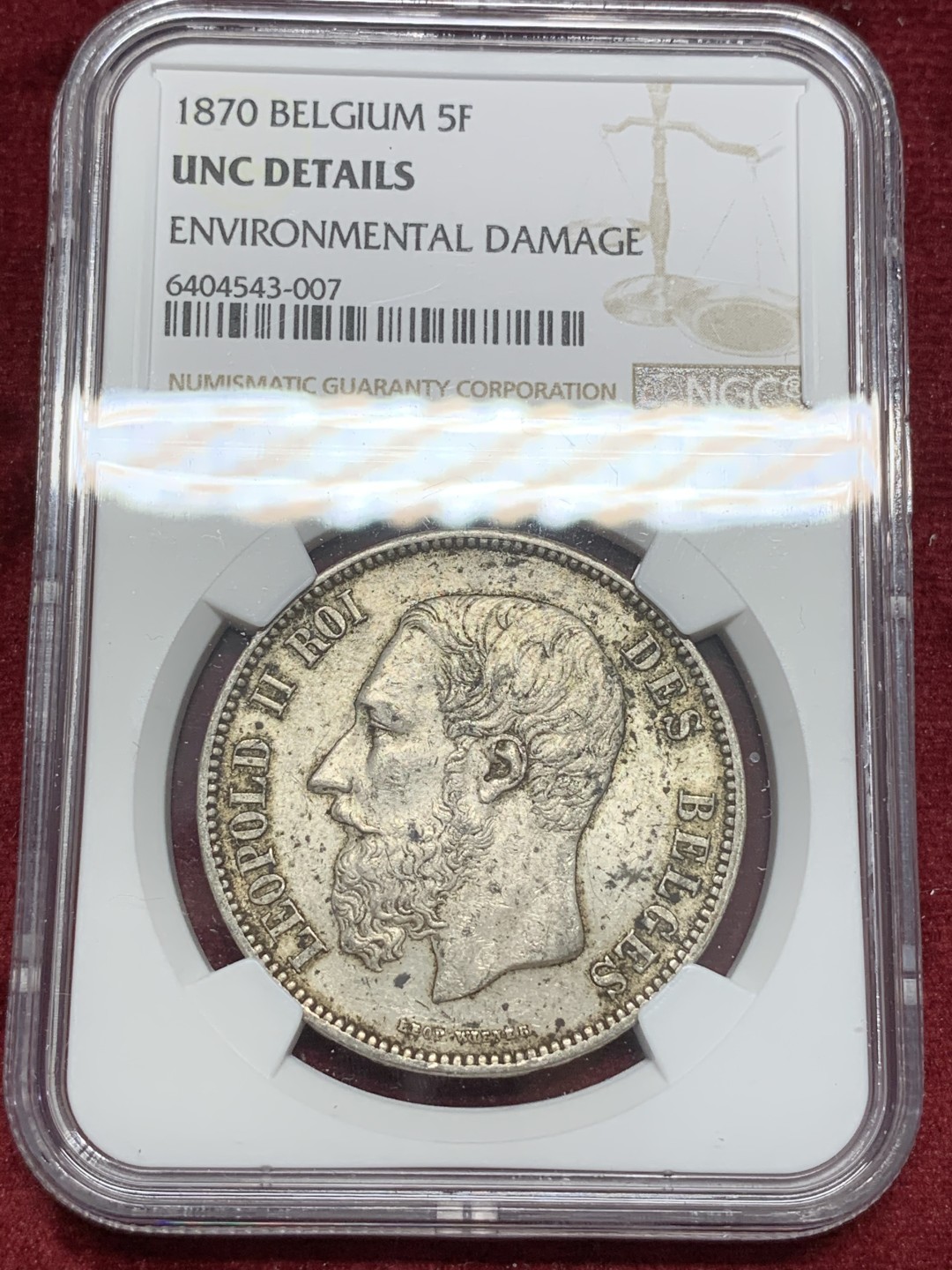 《竞宝斋》第68场-本周日，周一，周四.3场连拍（全场不限金额包邮） NGC-UNC 比利时 1870年 利奥波得二世 5法郎 原光好品 包浆太后厚没给分