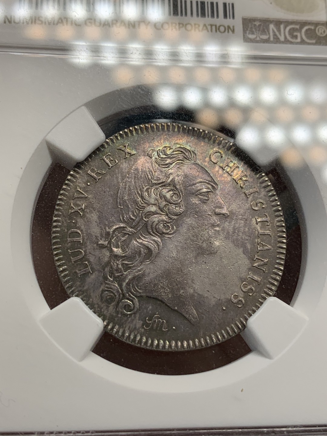 《竞宝斋》第68场-本周日，周一，周四.3场连拍（全场不限金额包邮） NGC AU58 法国路易十五 圆形银质代币 高品细节 镜面底板 黄绿包浆 非常难得