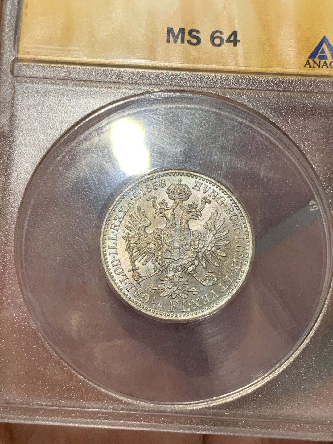 《竞宝斋》第68场-本周日，周一，周四.3场连拍（全场不限金额包邮） ANACS MS64 1858年奥地利1/4弗洛林银币 不太常见的面值，彩光，无愧64