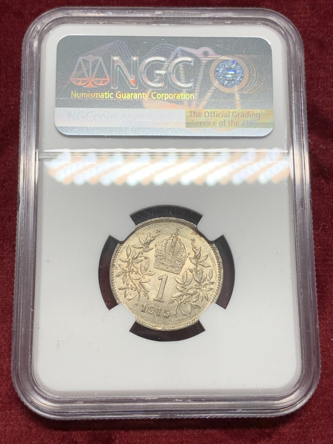 《竞宝斋》第68场-本周日，周一，周四.3场连拍（全场不限金额包邮） NGC-MS63 奥地利1915年 佛兰茨约瑟夫 1克朗银币 粉光带点包浆非常漂亮