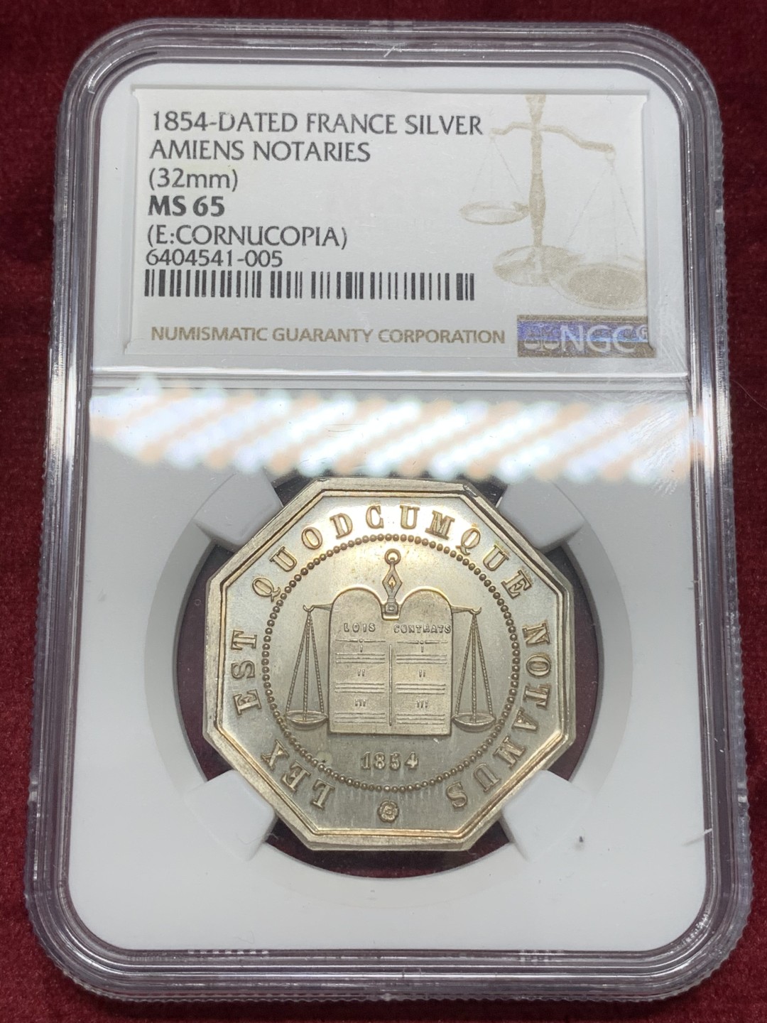 《竞宝斋》第68场-本周日，周一，周四.3场连拍（全场不限金额包邮） NGC-MS65 法国 1854年JETON银制代用币 顶级品相