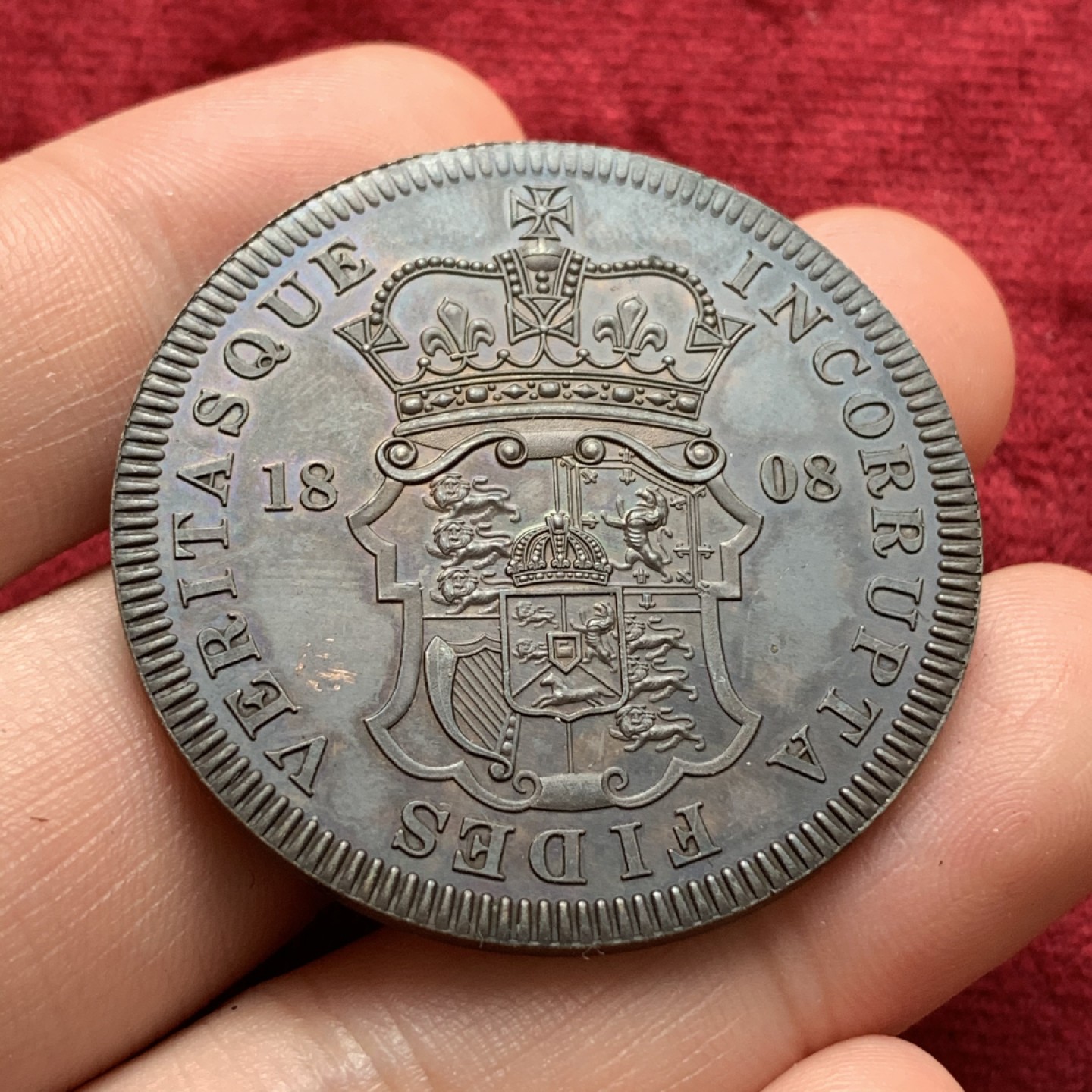 《竞宝斋》第68场-本周日，周一，周四.3场连拍（全场不限金额包邮） 英国“1808年”乔治三世国王头像 图案1克朗后铸币 直径41mm