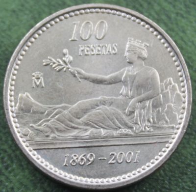 巴斯克收藏 世界硬币第31期 散币捡漏区 全场包邮 6月28/29/30号0元起三连拍 - 西班牙2001年100比塞塔拿花女神坐像纪念币
