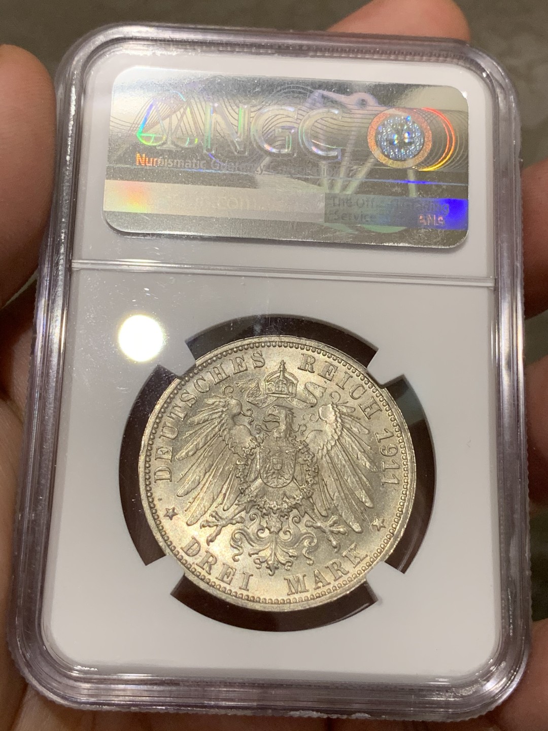 《竞宝斋》第68场-本周日，周一，周四.3场连拍（全场不限金额包邮） NGC-MS65 德国 1911年符腾堡威廉二世国王银婚纪念3马克银币