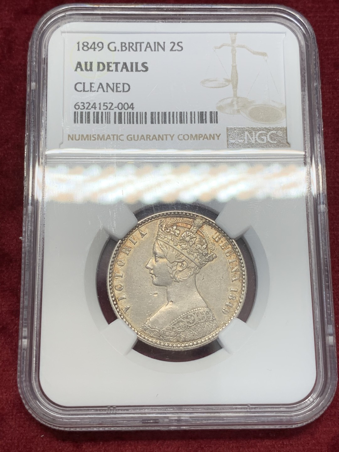 《竞宝斋》第68场-本周日，周一，周四.3场连拍（全场不限金额包邮） NGC AU 英国1849年维多利亚女王 无神版 哥特弗洛林银币 淡彩包浆 很好看