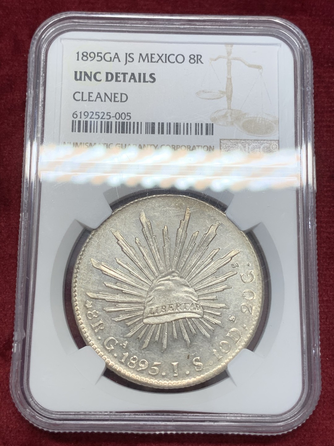 《竞宝斋》第68场-本周日，周一，周四.3场连拍（全场不限金额包邮） NGC-UNC墨西哥1895年8瑞尔鹰洋，打制清晰，光泽一流，鹰毫毕现，类精制