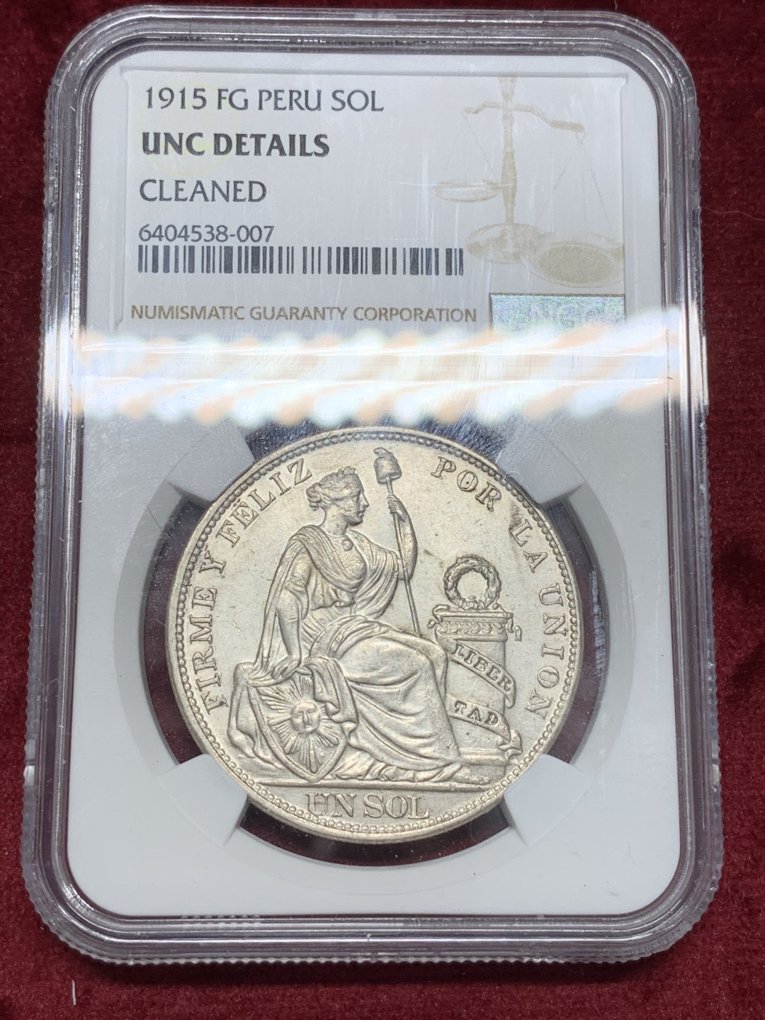 《竞宝斋》第68场-本周日，周一，周四.3场连拍（全场不限金额包邮） NGC-UNC 秘鲁 1915-FG年 1索尔大银币 原光好品 根本看不出清晰 