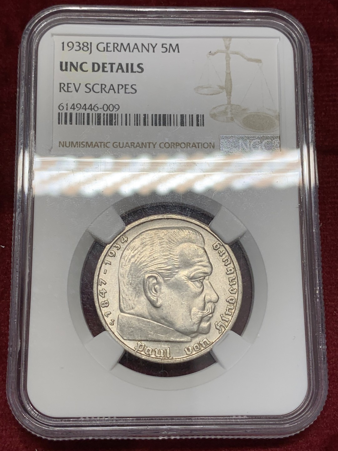 《竞宝斋》第68场-本周日，周一，周四.3场连拍（全场不限金额包邮） NGC-UNC德国1938兴登堡5马克，底板极佳，无磕无碰，光泽尤在