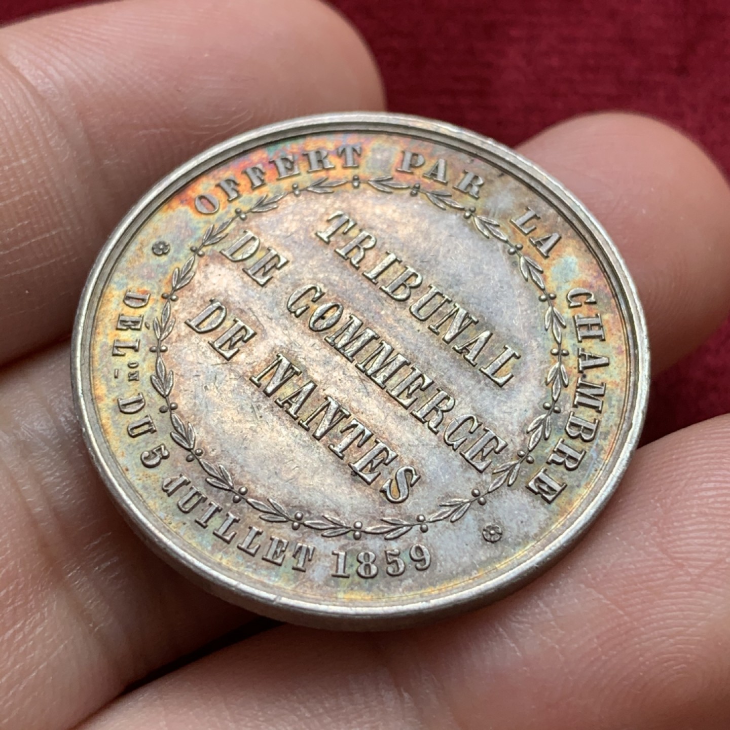 《竞宝斋》第68场-本周日，周一，周四.3场连拍（全场不限金额包邮） 法国1859年圆形银代币 原光品五彩包浆 早期蜜蜂铭银标 31毫米 12.45克