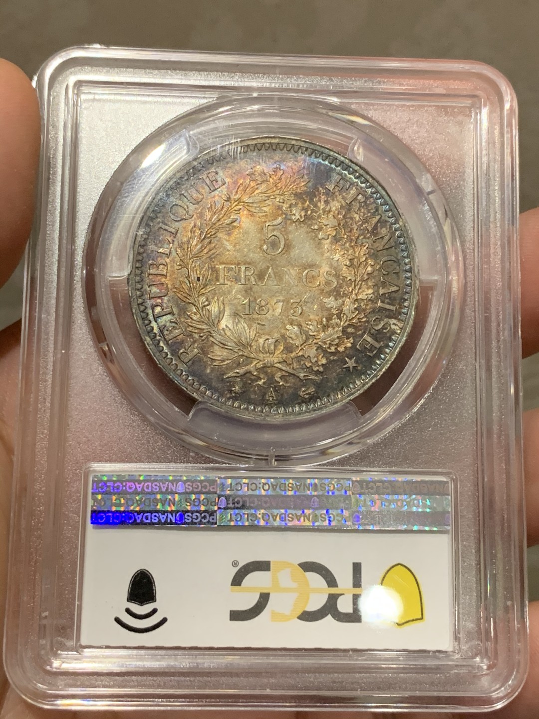 《竞宝斋》第68场-本周日，周一，周四.3场连拍（全场不限金额包邮） PCGS-MS65 法国1873-A 大力神5法郎 重彩包浆 底板完美 收藏级分数 