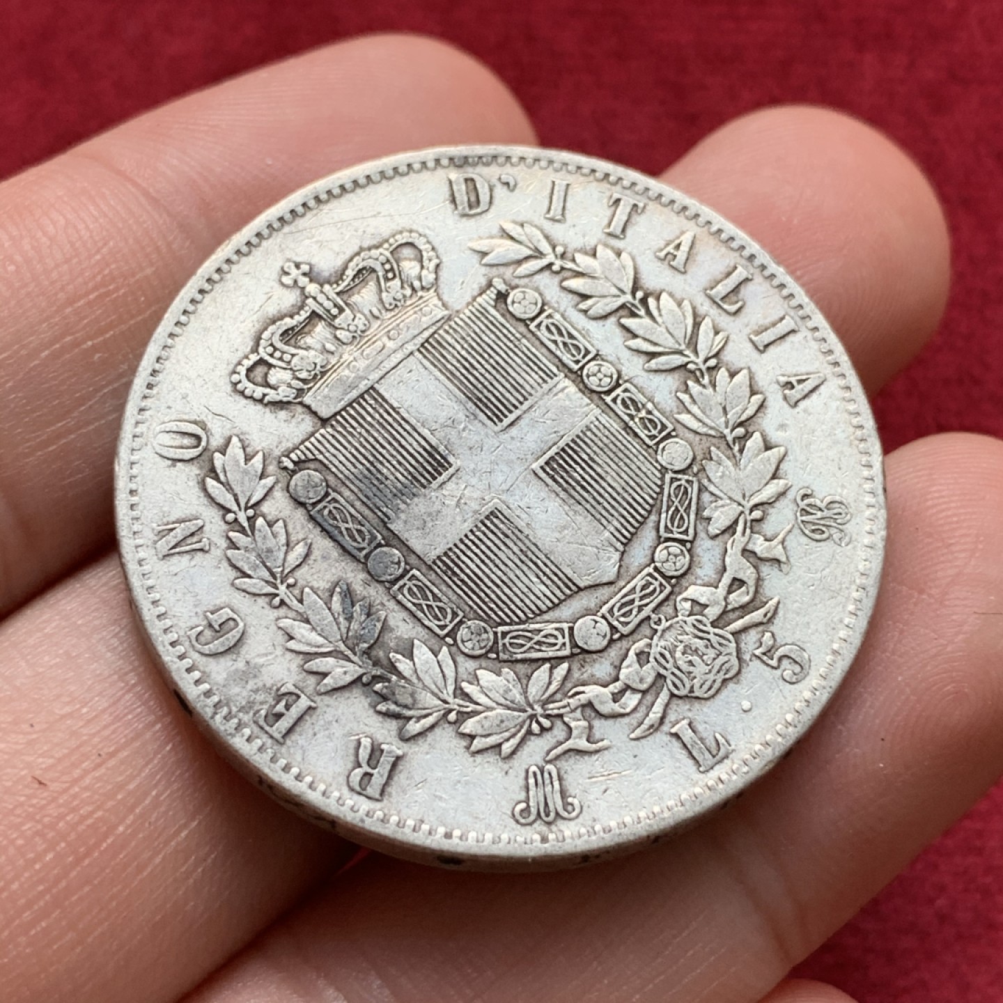 《竞宝斋》第68场-本周日，周一，周四.3场连拍（全场不限金额包邮） 意大利 1874年 5里拉 银币 原味包浆 细节很不错