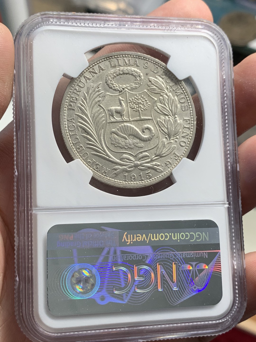 《竞宝斋》第68场-本周日，周一，周四.3场连拍（全场不限金额包邮） NGC-UNC 秘鲁 1915-FG年 1索尔大银币 原光好品 根本看不出清晰 