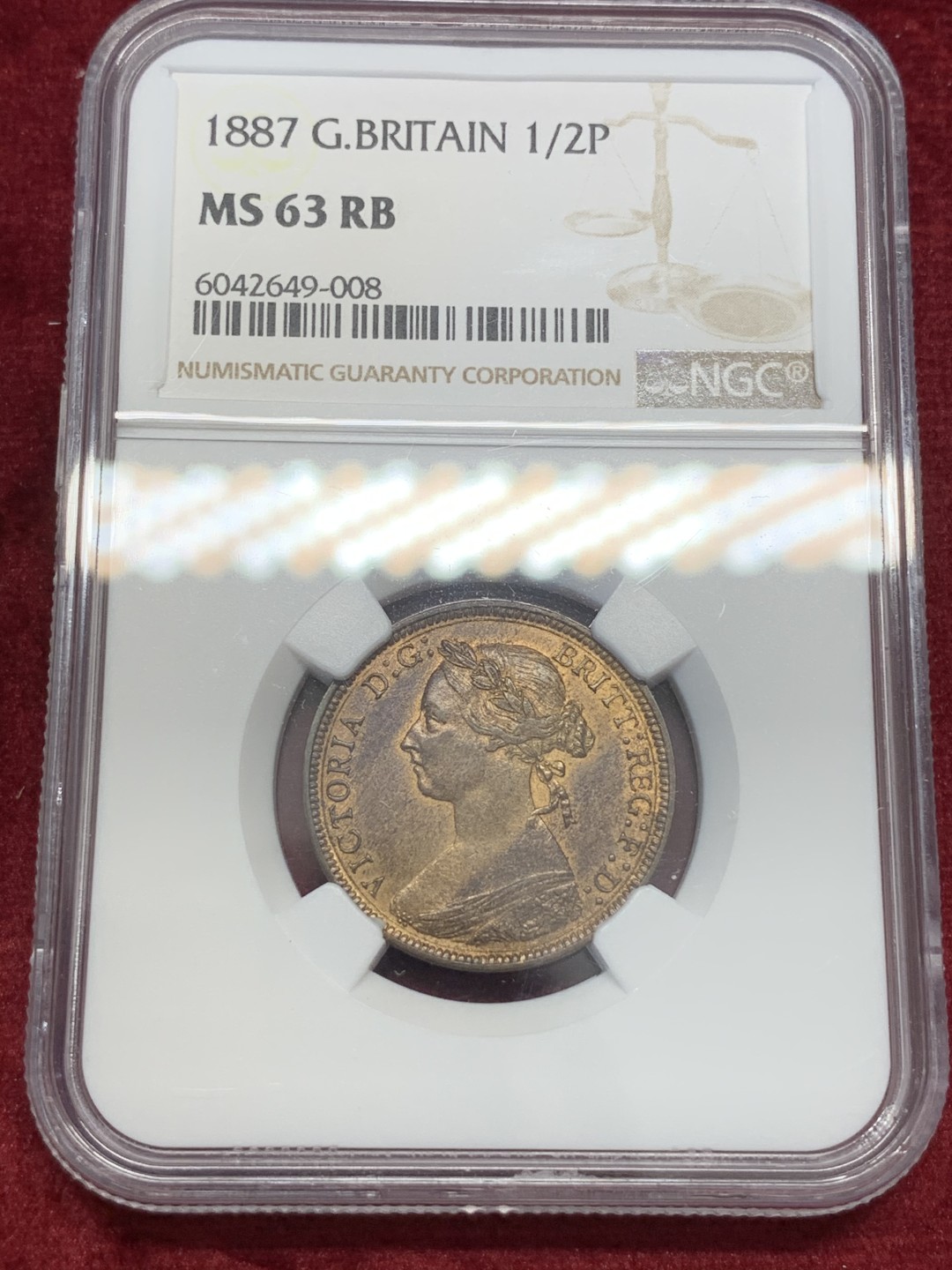 《竞宝斋》第68场-本周日，周一，周四.3场连拍（全场不限金额包邮） NGC-MS63 英国 1887年 1/2便士 小维铜币 状态很好 不错的的分数