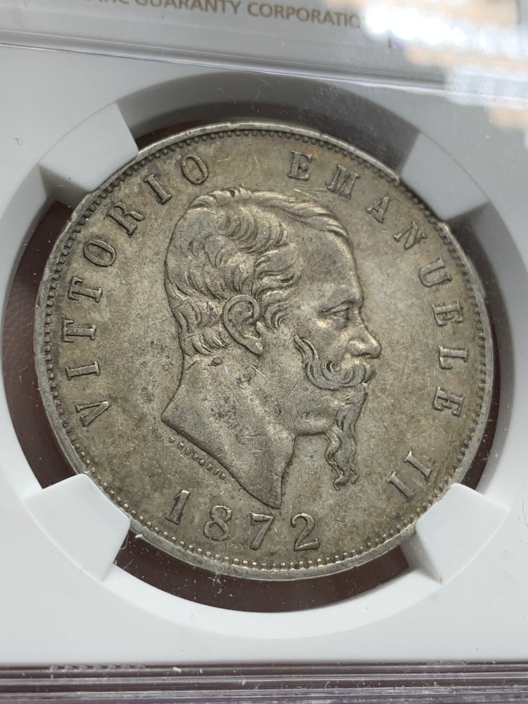 《竞宝斋》第68场-本周日，周一，周四.3场连拍（全场不限金额包邮） NGC-AU50 意大利 1872年 艾曼纽尔二世 5里拉 大银币 原味老包浆