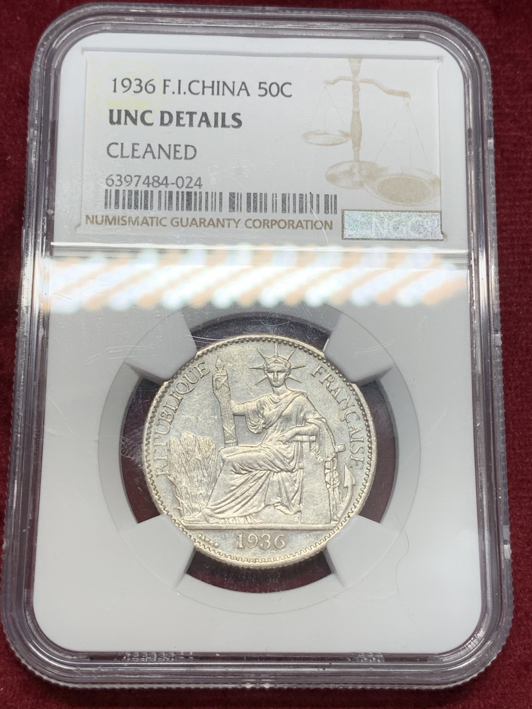 《竞宝斋》第68场-本周日，周一，周四.3场连拍（全场不限金额包邮） NGC-UNC 法属印支 1936年 50分 银币