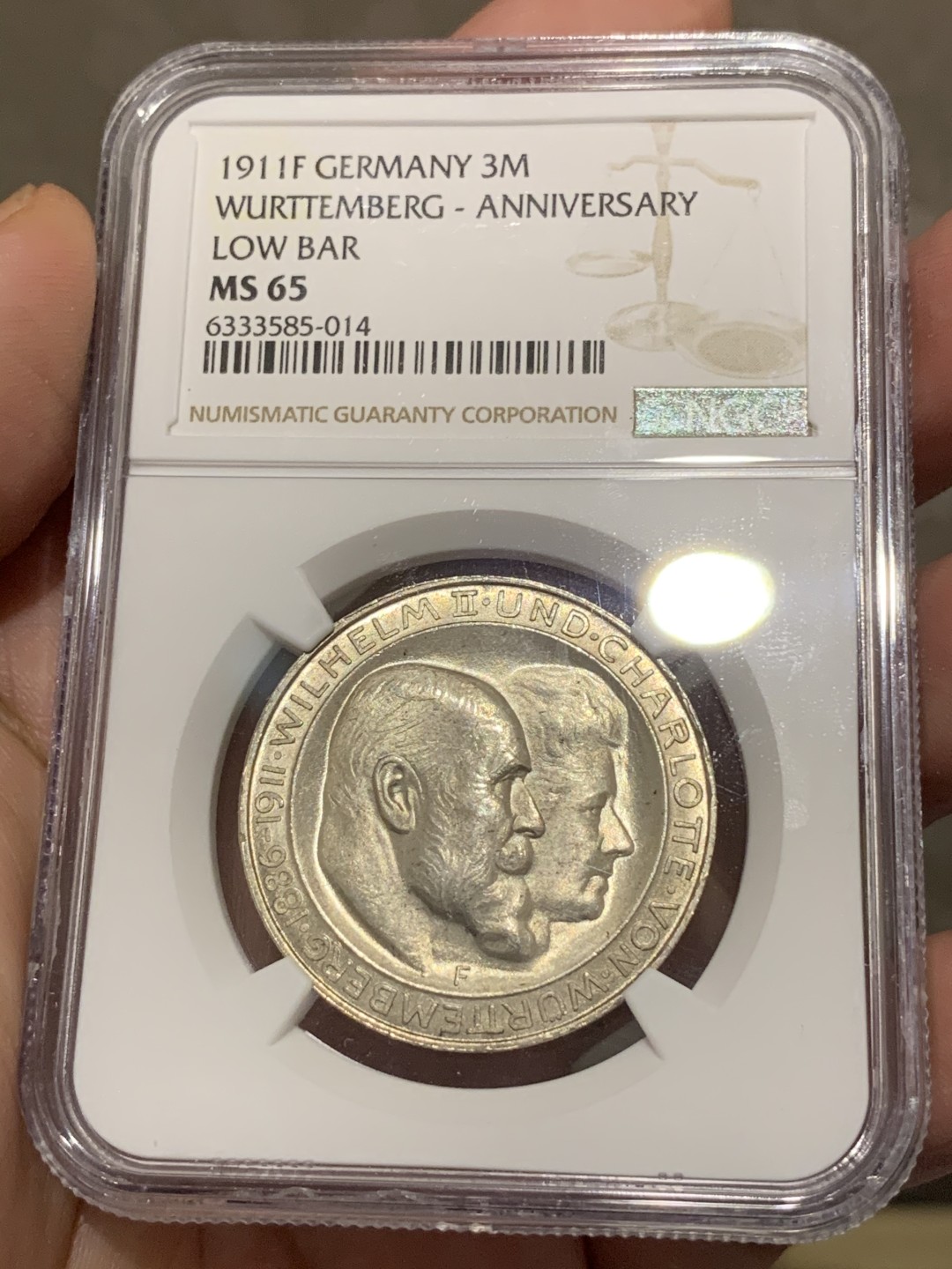 《竞宝斋》第68场-本周日，周一，周四.3场连拍（全场不限金额包邮） NGC-MS65 德国 1911年符腾堡威廉二世国王银婚纪念3马克银币