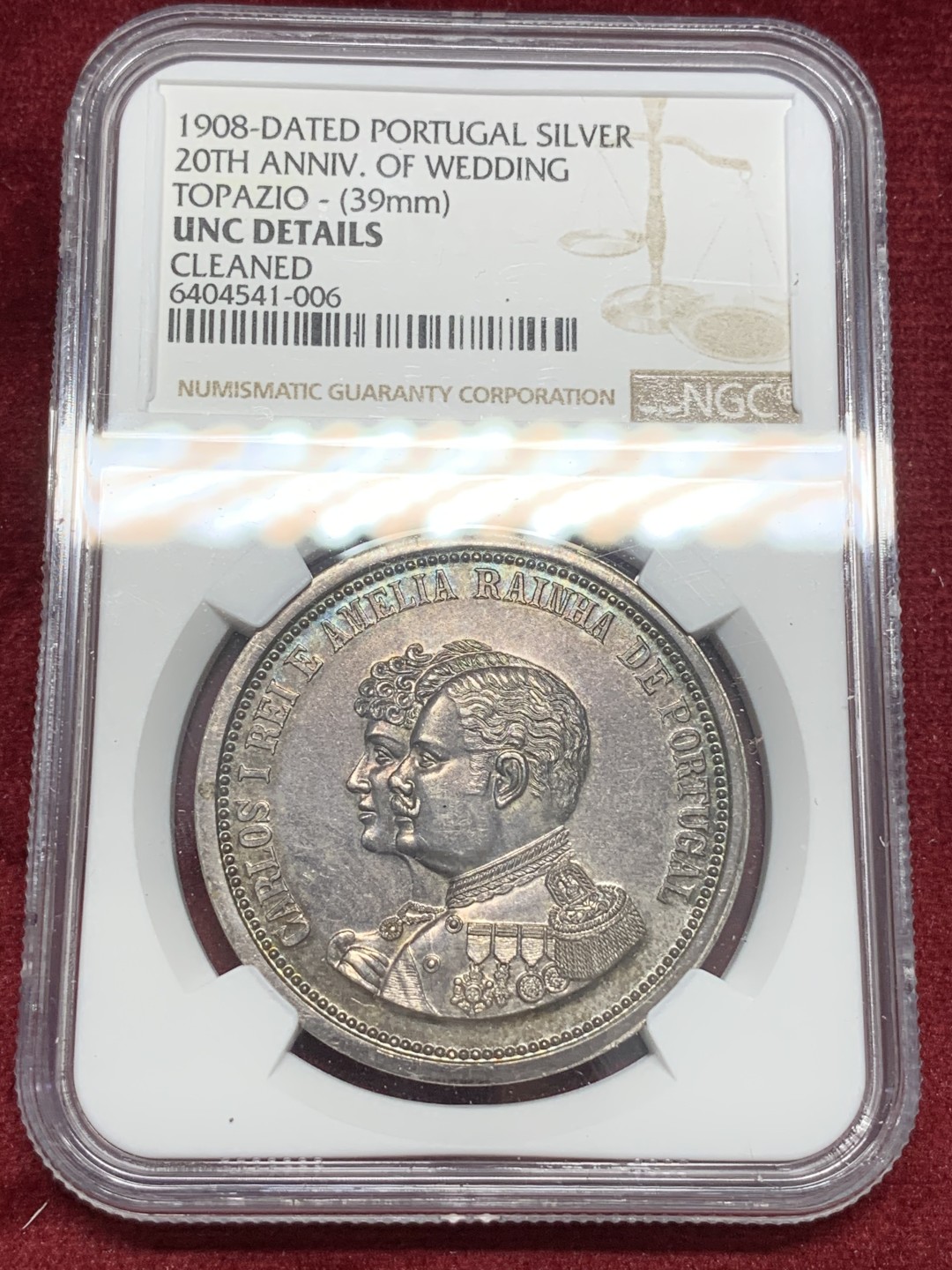 《竞宝斋》第68场-本周日，周一，周四.3场连拍（全场不限金额包邮） NGC-UNC 葡萄牙1908年 二十周年金婚纪念 大银章 非常稀少的品质 没给分可惜了 看不到清晰的痕迹