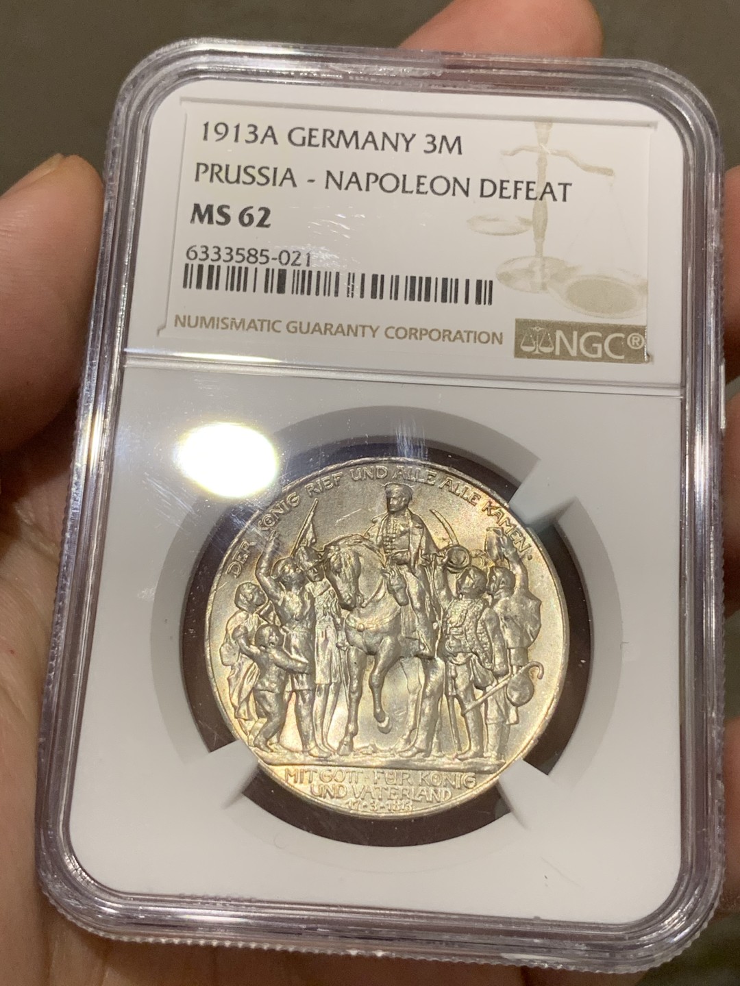 《竞宝斋》第68场-本周日，周一，周四.3场连拍（全场不限金额包邮） NGC-MS62，德国普鲁士战胜拿破仑3马克银币，1913年。