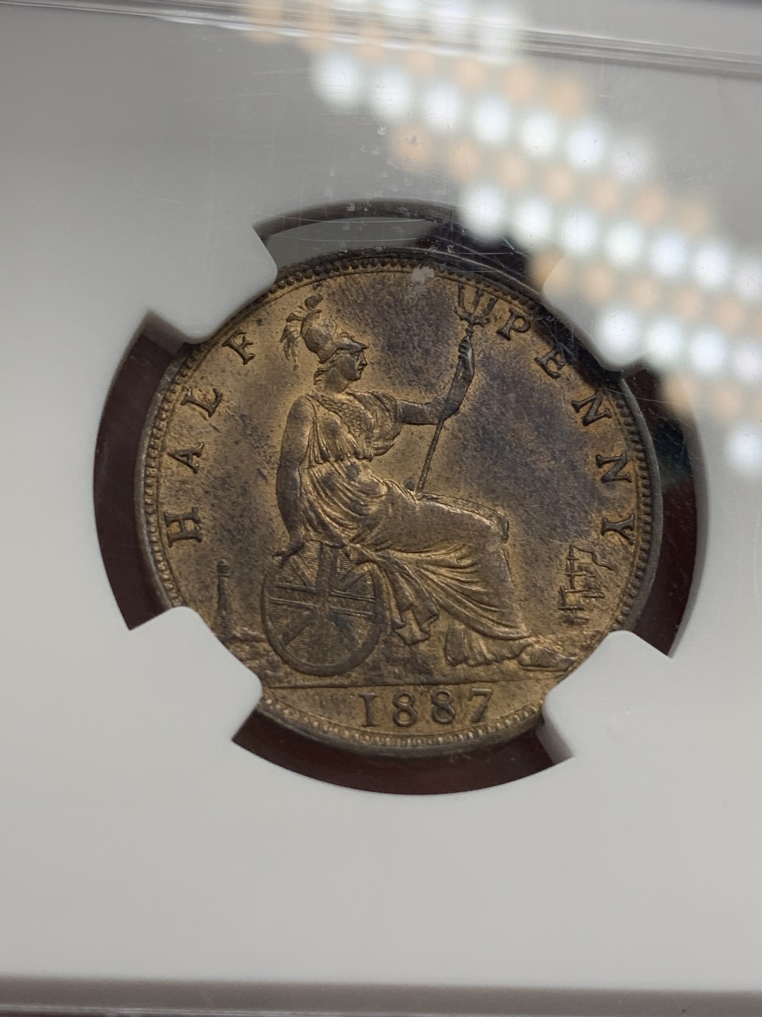 《竞宝斋》第68场-本周日，周一，周四.3场连拍（全场不限金额包邮） NGC-MS63 英国 1887年 1/2便士 小维铜币 状态很好 不错的的分数