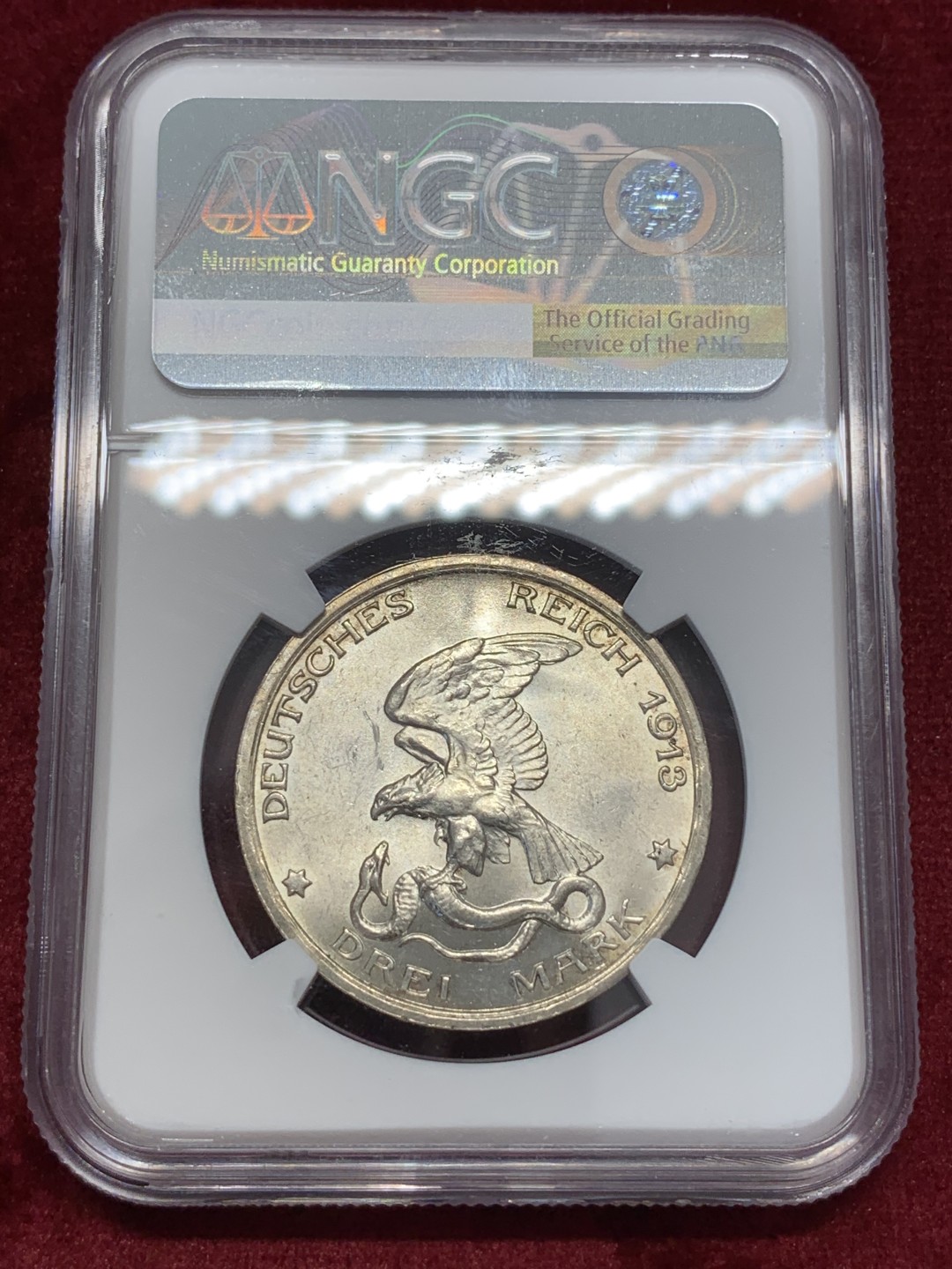 《竞宝斋》第68场-本周日，周一，周四.3场连拍（全场不限金额包邮） NGC-MS62，德国普鲁士战胜拿破仑3马克银币，1913年。