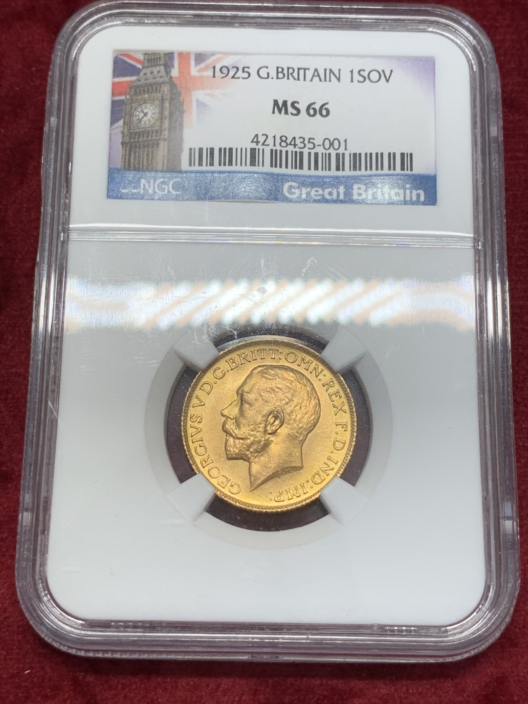 《竞宝斋》第68场-本周日，周一，周四.3场连拍（全场不限金额包邮） NGC MS66 英国1925年乔治五世1索维林 金币 高分少见 特色标签