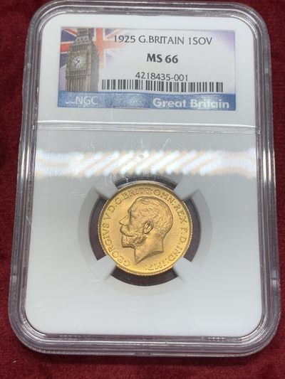 《竞宝斋》第68场-本周日，周一，周四.3场连拍（全场不限金额包邮） - NGC MS66 英国1925年乔治五世1索维林 金币 高分少见 特色标签