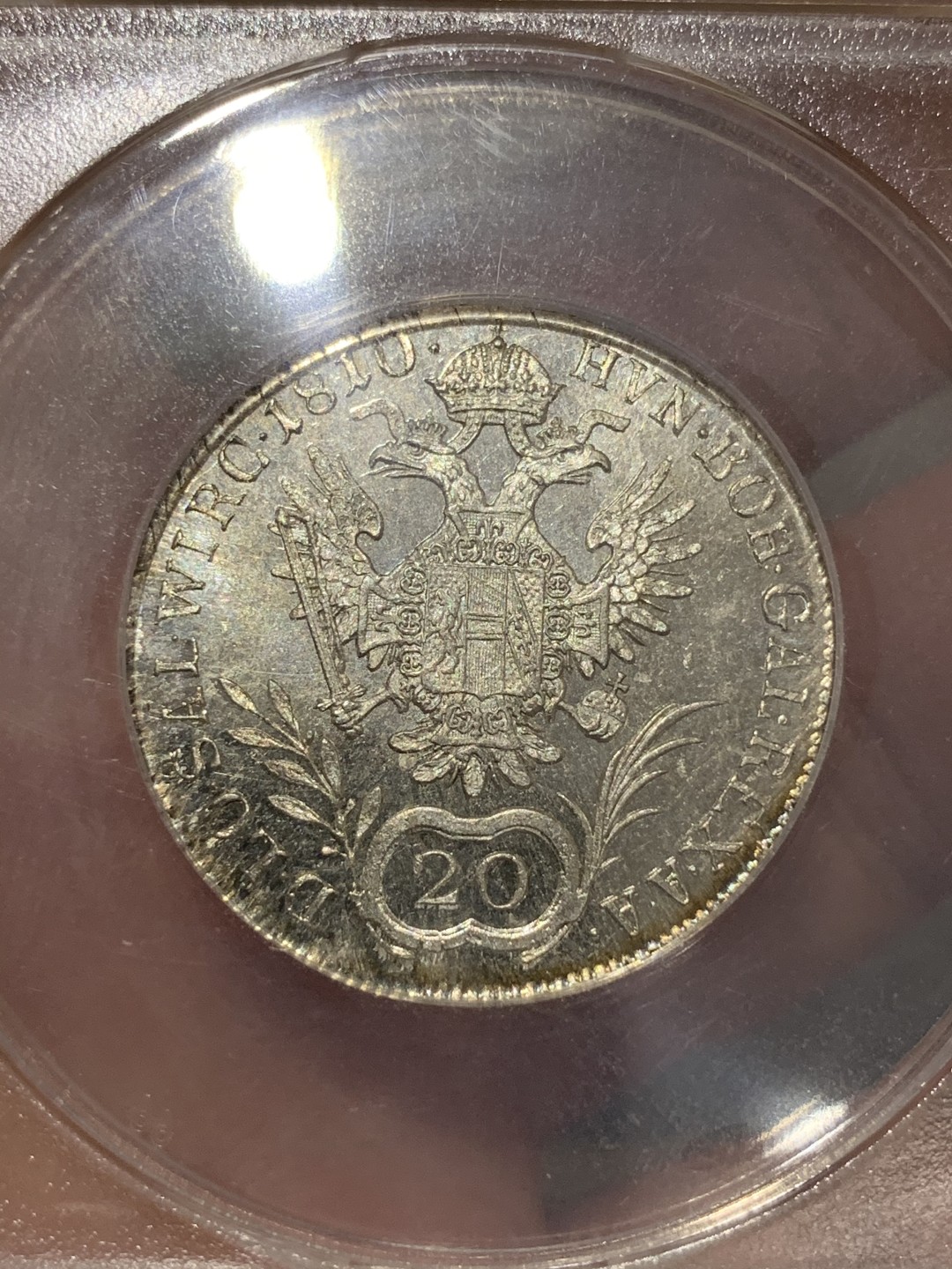 《竞宝斋》第68场-本周日，周一，周四.3场连拍（全场不限金额包邮） ANACS MS64 1810年奥地利20克鲁泽银币 镜面底，高分