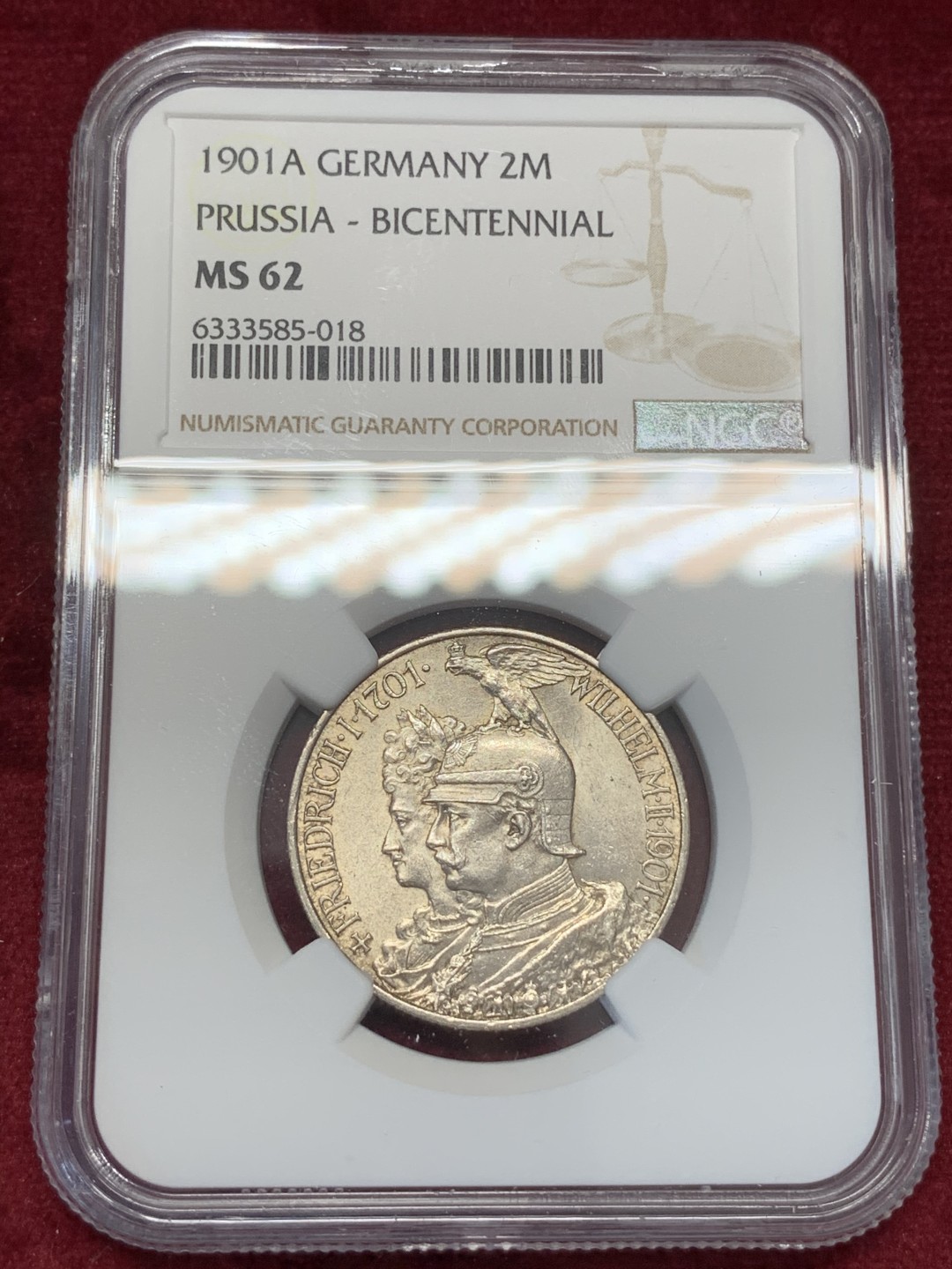 《竞宝斋》第68场-本周日，周一，周四.3场连拍（全场不限金额包邮） NGC-MS62 德国 1901年  普鲁士建国200周年纪念 2马克银币