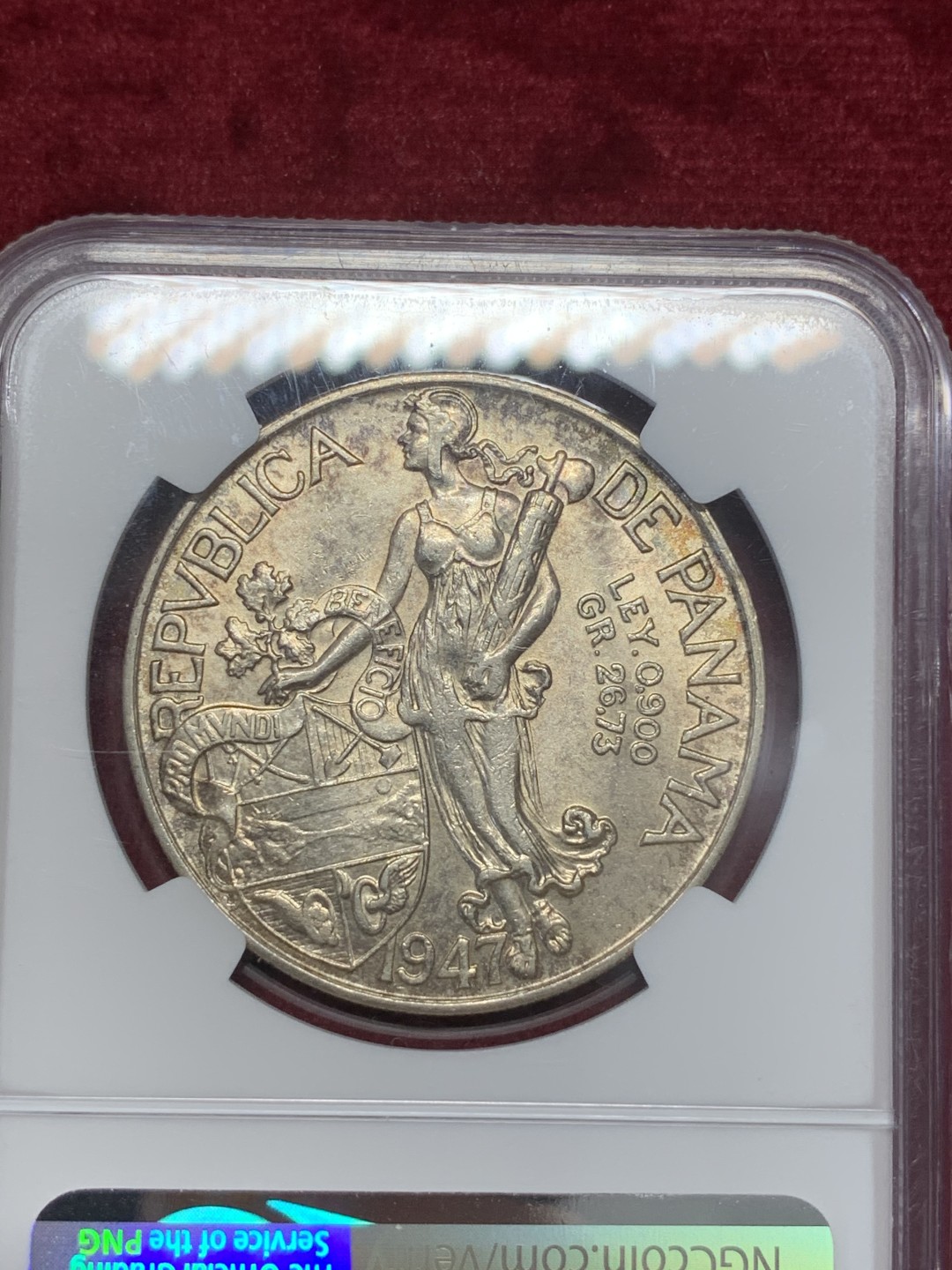 《竞宝斋》第68场-本周日，周一，周四.3场连拍（全场不限金额包邮） NGC-AUD 巴拿马 1947年 1巴波亚 女神银币 银币