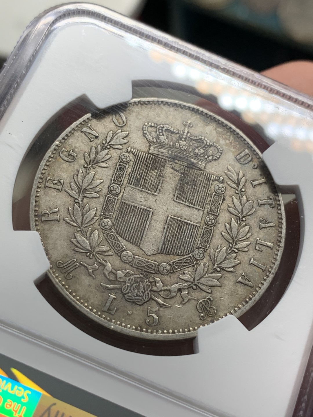 《竞宝斋》第68场-本周日，周一，周四.3场连拍（全场不限金额包邮） NGC-AU50 意大利 1872年 艾曼纽尔二世 5里拉 大银币 原味老包浆