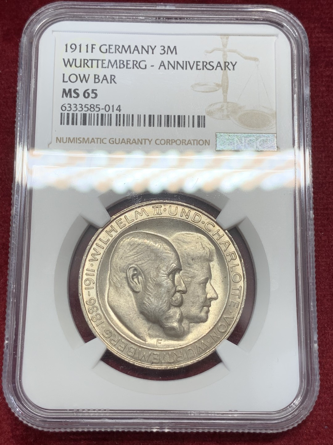 《竞宝斋》第68场-本周日，周一，周四.3场连拍（全场不限金额包邮） NGC-MS65 德国 1911年符腾堡威廉二世国王银婚纪念3马克银币