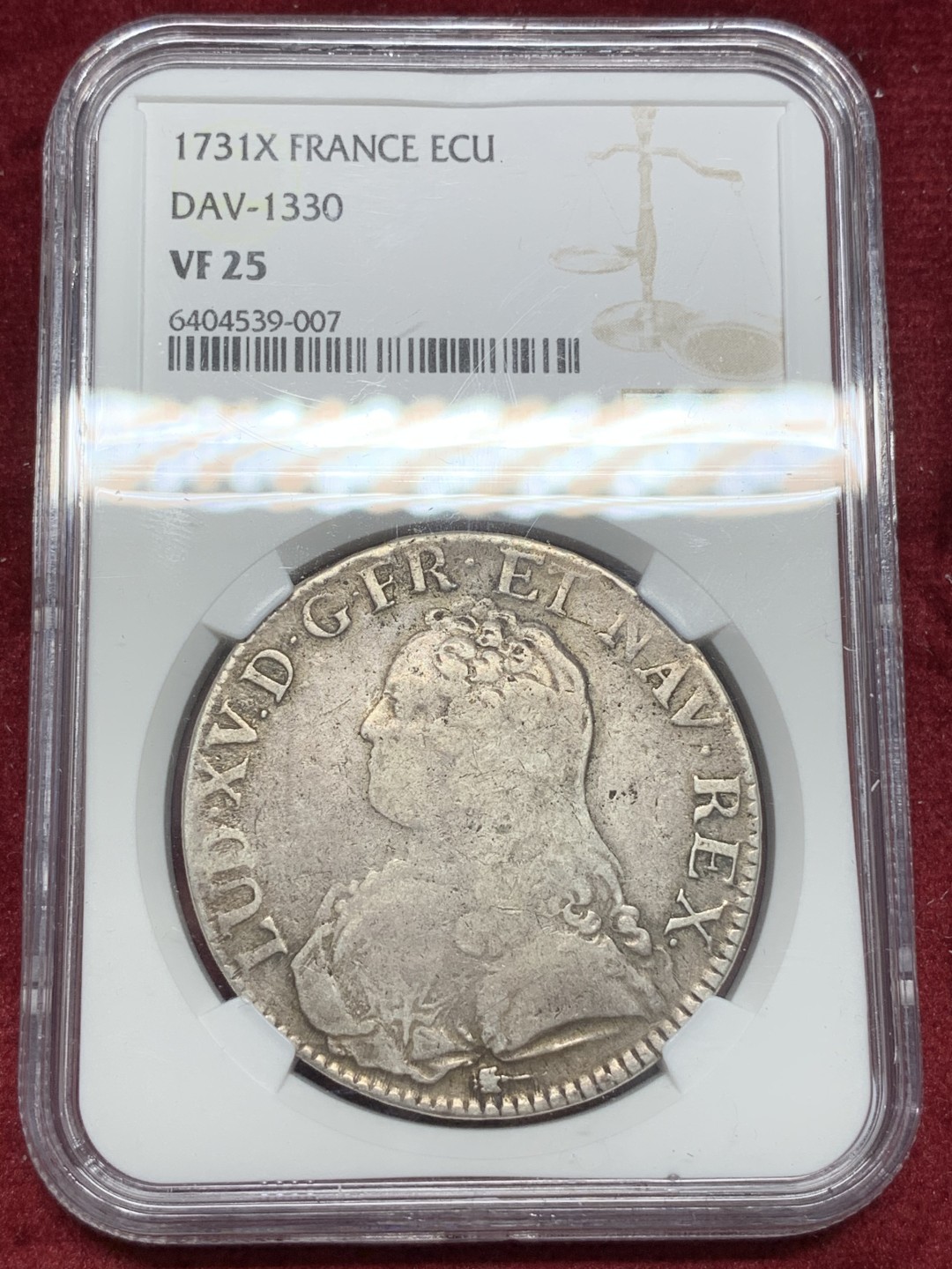 《竞宝斋》第68场-本周日，周一，周四.3场连拍（全场不限金额包邮） 唯一冠军分 NGC-VF25 法国亚眠 1731-年 路易十五 1埃居大银币 非常稀少的厂名