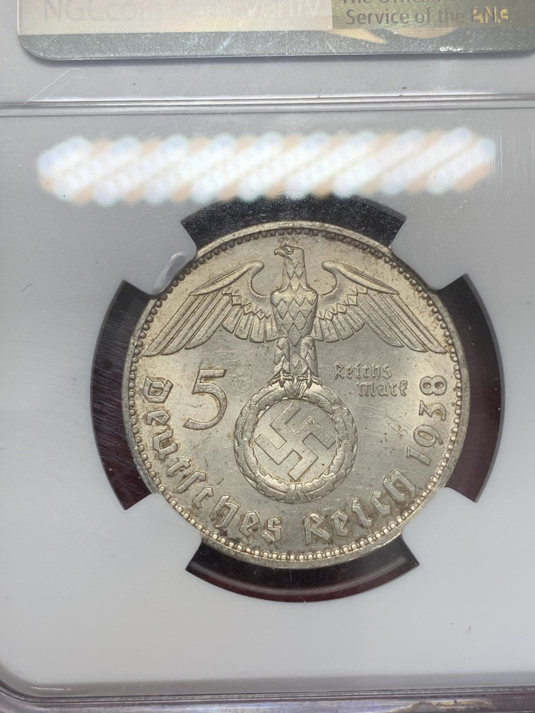 《竞宝斋》第68场-本周日，周一，周四.3场连拍（全场不限金额包邮） NGC-UNC德国1938兴登堡5马克，底板极佳，无磕无碰，光泽尤在