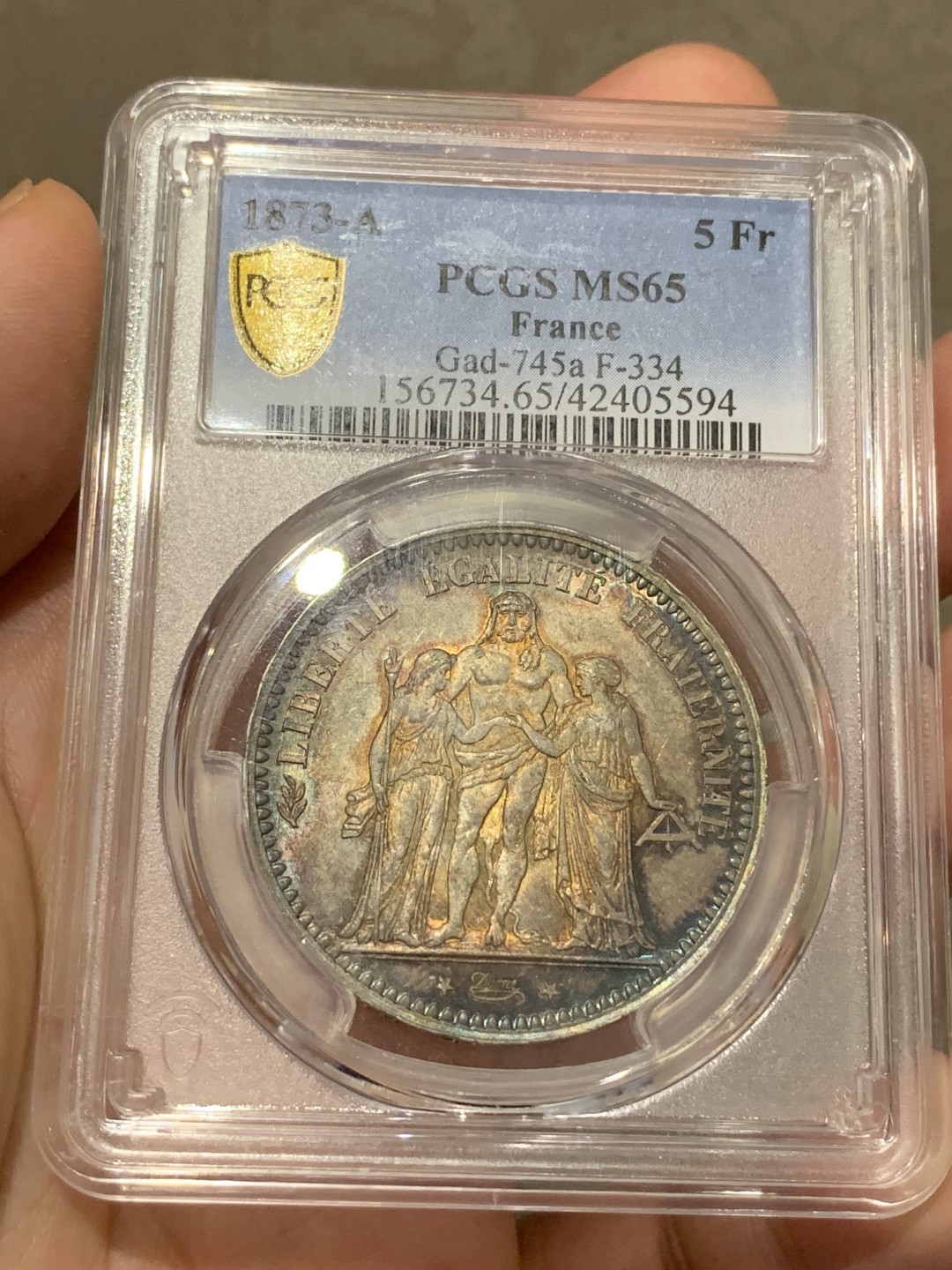 《竞宝斋》第68场-本周日，周一，周四.3场连拍（全场不限金额包邮） PCGS-MS65 法国1873-A 大力神5法郎 重彩包浆 底板完美 收藏级分数 