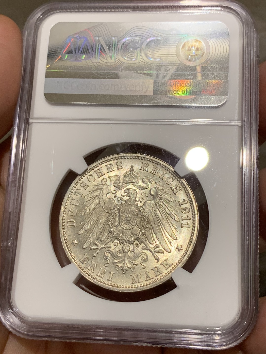 《竞宝斋》第68场-本周日，周一，周四.3场连拍（全场不限金额包邮） NGC-MS65 德国 1911年符腾堡威廉二世国王银婚纪念3马克银币