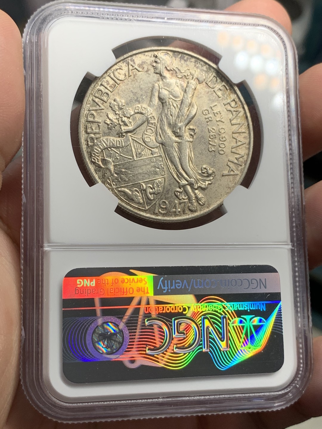 《竞宝斋》第68场-本周日，周一，周四.3场连拍（全场不限金额包邮） NGC-AUD 巴拿马 1947年 1巴波亚 女神银币 银币