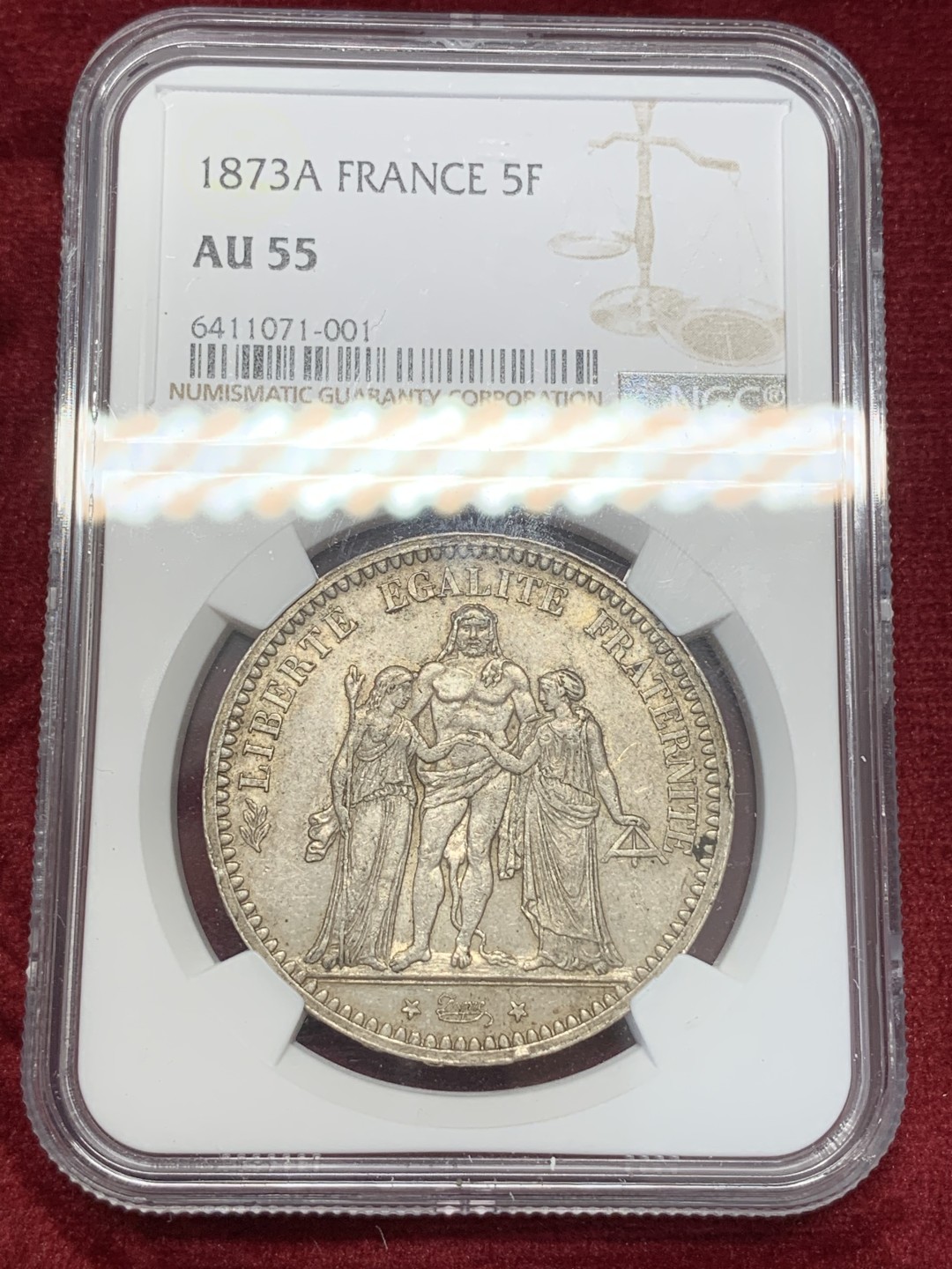 《竞宝斋》第68场-本周日，周一，周四.3场连拍（全场不限金额包邮） NCG AU55 法国 1873年大力神五法郎银币 好品相带转光