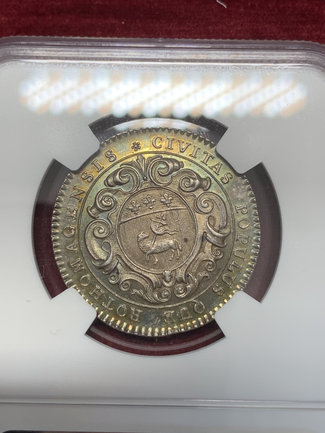 《竞宝斋》第68场-本周日，周一，周四.3场连拍（全场不限金额包邮） NGC AU58 法国路易十五 圆形银质代币 高品细节 镜面底板 黄绿包浆 非常难得