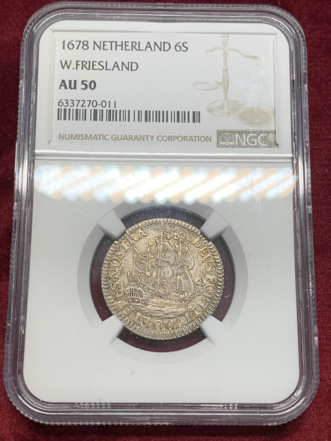 《竞宝斋》第68场-本周日，周一，周四.3场连拍（全场不限金额包邮） NGC-AU50 荷兰西弗里斯兰省 1678年 大帆船 6S银币 原味带彩 能给分的凤毛麟角